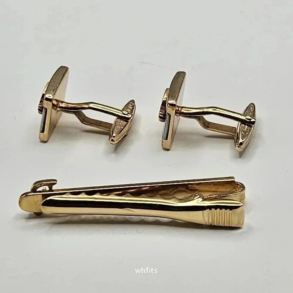 Christian Dior Logo Gold and Silver Tone Cufflinks and Tie Bar Set